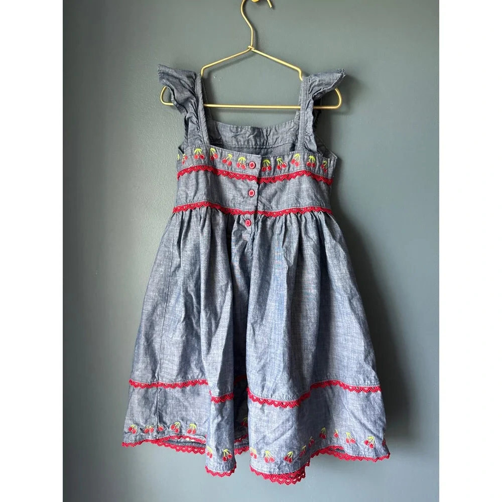 Gymboree Girls‎ Blue Chambray Cherry Embroidered Dress Red Lace
